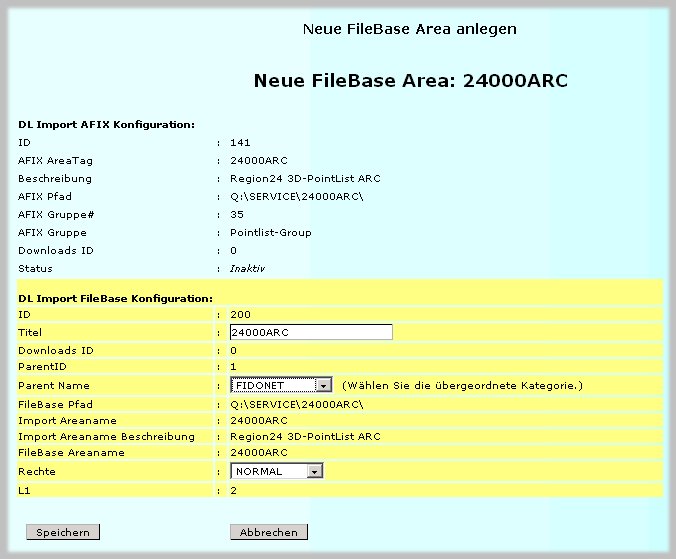 Screenshot PHP-Nuke DLIMP Admin Console Module v1.10, Funktion Neue Area anlegen
